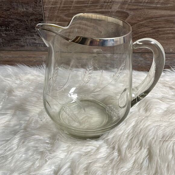 Etched Glass Pitcher with Silver Rim, Glass Handle , Large - Picture 1 of 6